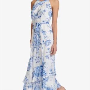 Calvin Klein Floral Chiffon Halter Dress in Blue